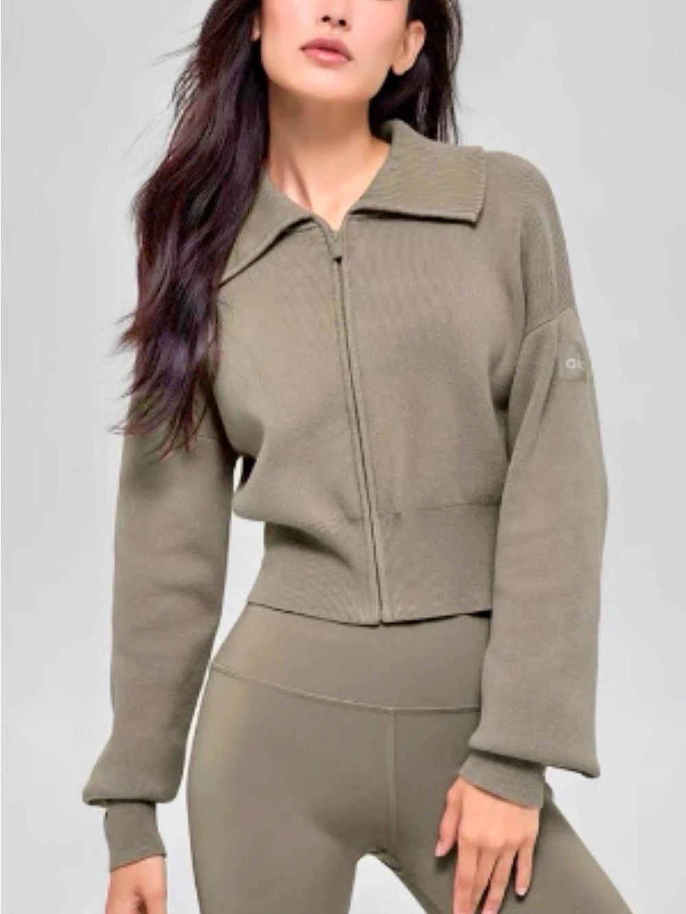 alo scholar knit cropped Zip Front Jacket in light cocoa Like New